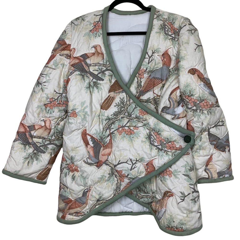 Handmade Upcycled Quilted Comforter Bird Cottagecore Grandma Wrap Jacket OOAK